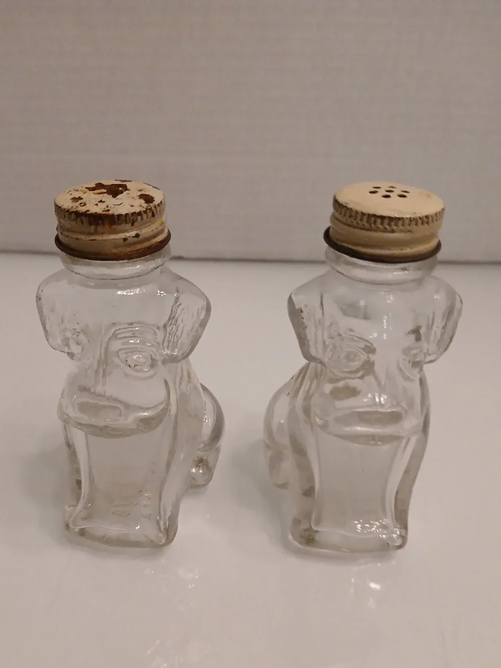 Vintage Glass Dog Salt & Pepper Shakers - TH STOUGH CO, JEANNETTE, PA-3.75